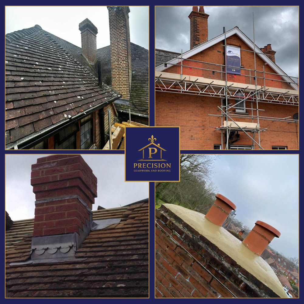 Chimney repair and restoration services by Precision Leadwork & Roofing, showcasing brick chimneys, slate roofing, lead flashing, and scaffolding on a heritage property.