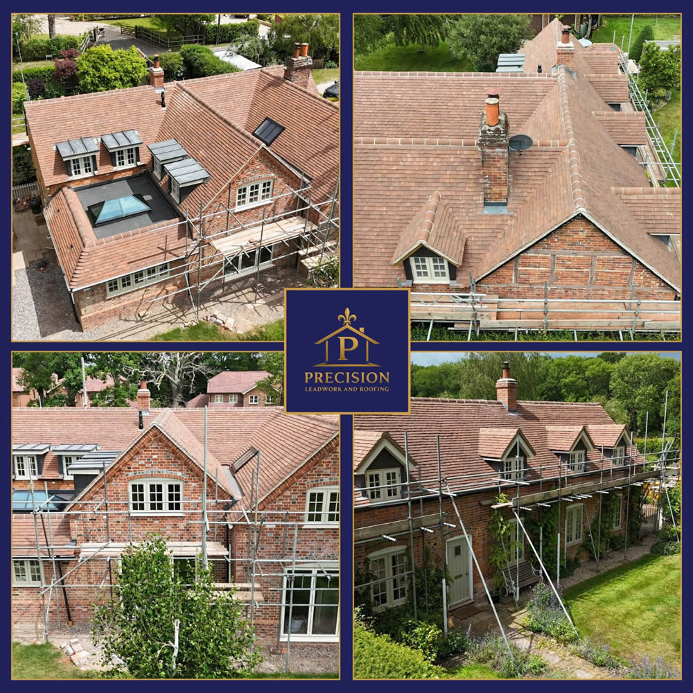 Clay plain tile roof installation on a traditional property, featuring warm, textured tiles, scaffolding, and surrounding greenery, emphasizing craftsmanship and precision by Precision Leadwork & Roofing Ltd.