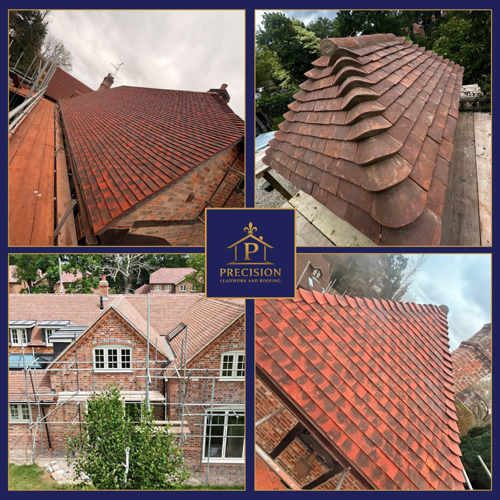 Clay plain tile roof installation by Precision Leadwork & Roofing Ltd., showcasing varied color tones, craftsmanship, and scaffolding around a heritage property.