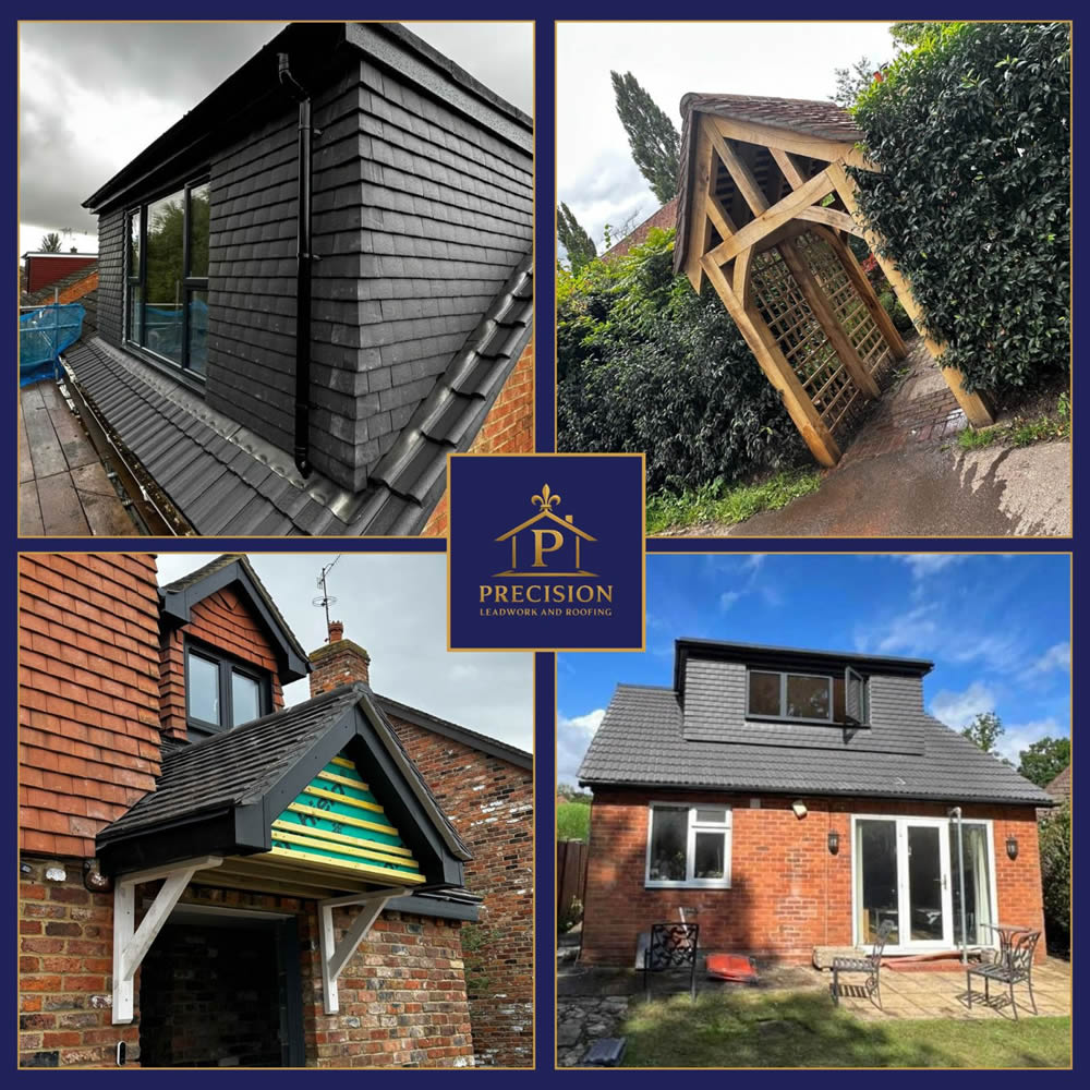 Collage of roofing projects by Precision Leadwork & Roofing, featuring detailed roofline elements including a modern slate roof, traditional timber features, and a decorative entrance, showcasing craftsmanship in both contemporary and heritage-sensitive installations.
