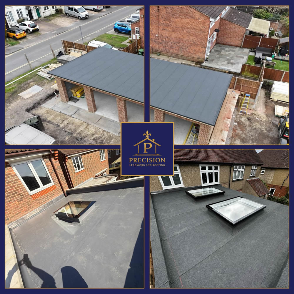 High-performance flat roofing installation by Precision Leadwork & Roofing, featuring a sleek, modern design with skylights, showcasing durability and precision in residential settings.
