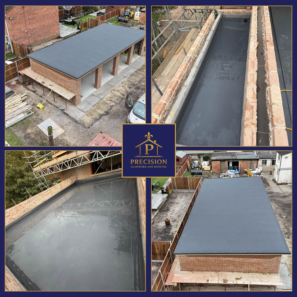 Flat roofing installation showcasing modern three-layer felt system on a new structure, highlighting durability and discreet appearance, with surrounding construction elements and scaffolding.