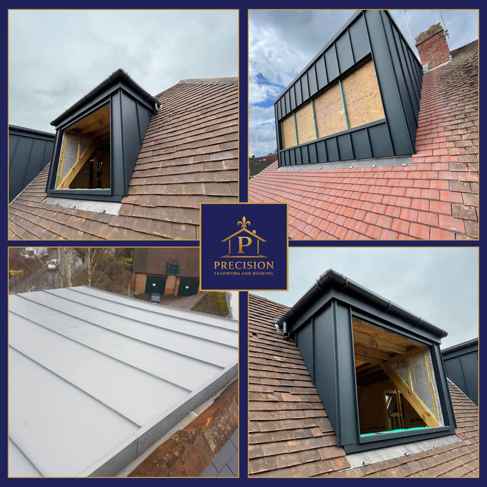 Roofing installation featuring a combination of slate and flat roofing, showcasing a new dormer window and leadwork details, with the Precision Leadwork & Roofing Ltd logo prominently displayed.