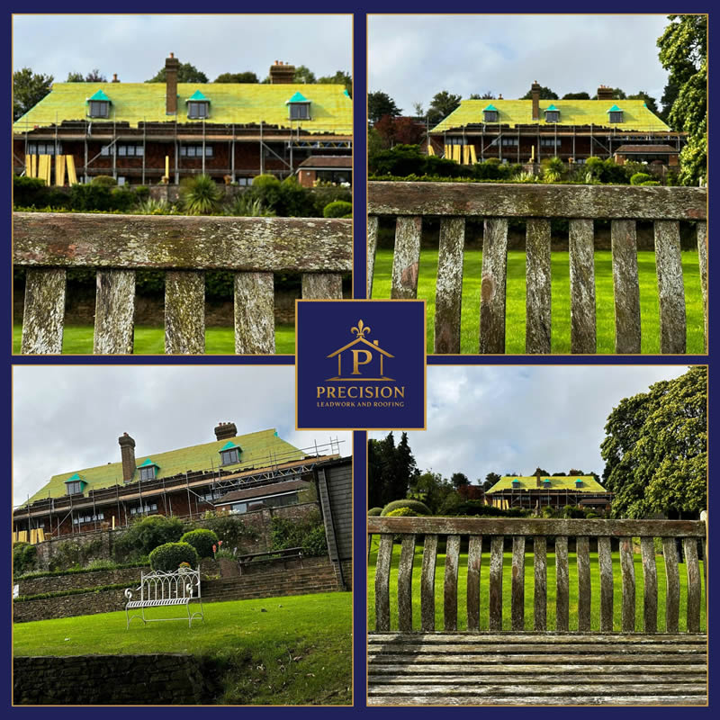 Victorian property undergoing roofing restoration with scaffolding, showcasing traditional architecture and new weatherproofing, framed by lush gardens and a wooden bench in the foreground.