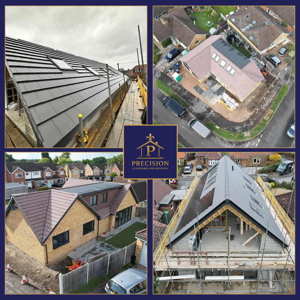 Large concrete tile roofing installation on modern residential properties, showcasing professional craftsmanship and scaffolding, with a focus on durability and weather resistance.