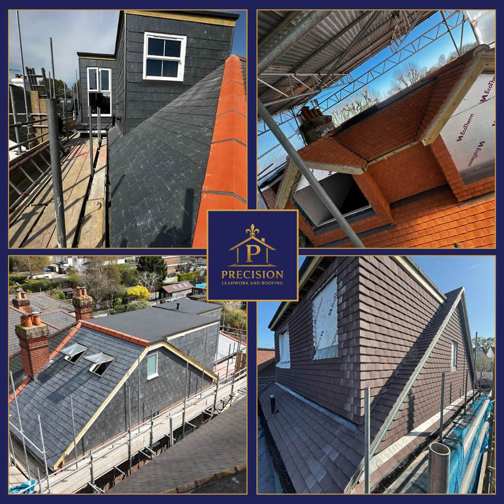 Roofing installation for loft conversions and extensions, featuring pitched and flat roofs, scaffolding, and various roofing materials, showcasing Precision Leadwork & Roofing branding.