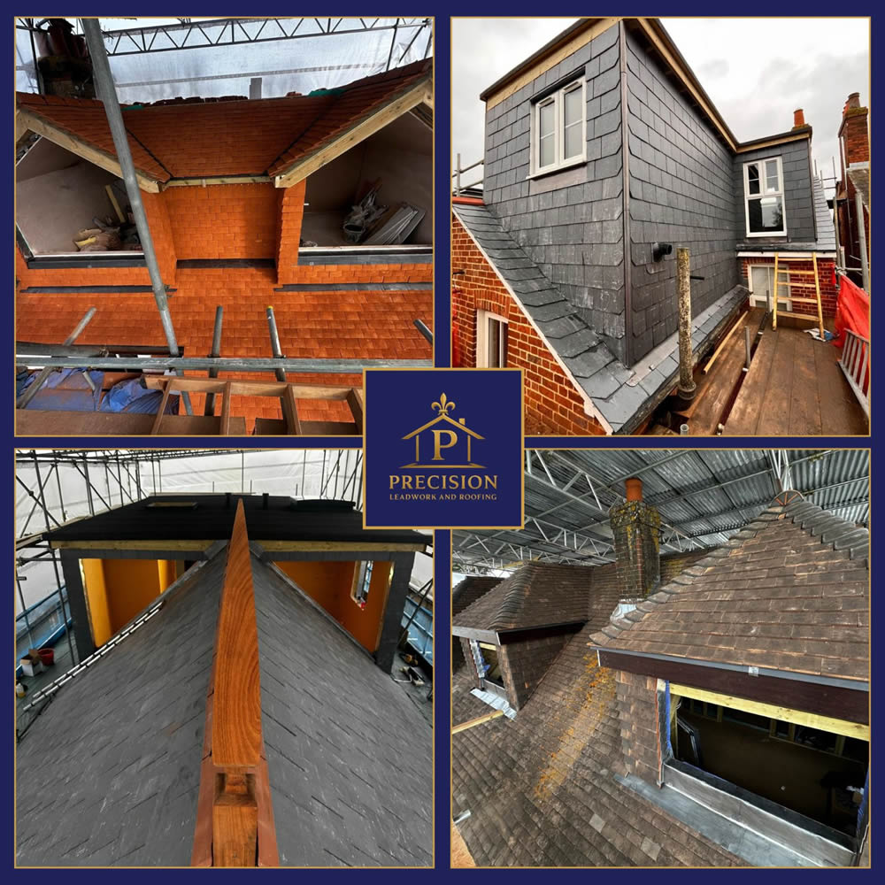Roofing installation for loft conversions featuring a mix of traditional and modern materials, including slate and tiled surfaces, with scaffolding and a visible logo of Precision Leadwork & Roofing Ltd.