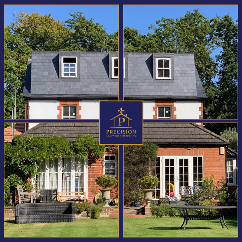 Loft conversion with modern slate roofing and traditional brickwork, featuring windows and landscaped garden, highlighting Precision Leadwork & Roofing Ltd.'s expertise in seamless integration for extensions and heritage properties.
