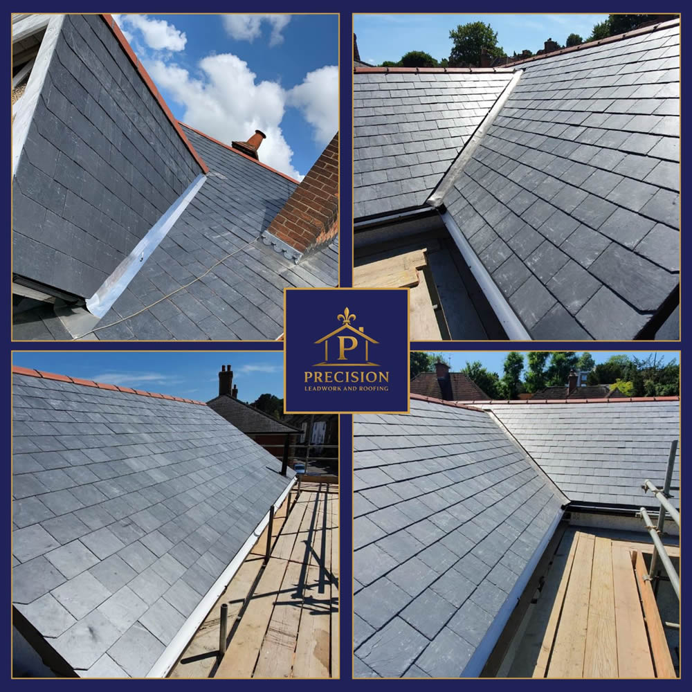 Natural slate roofing installation showcasing multiple angles of expertly laid slate tiles, highlighting craftsmanship and structural integrity, with visible scaffolding and a clear blue sky backdrop.