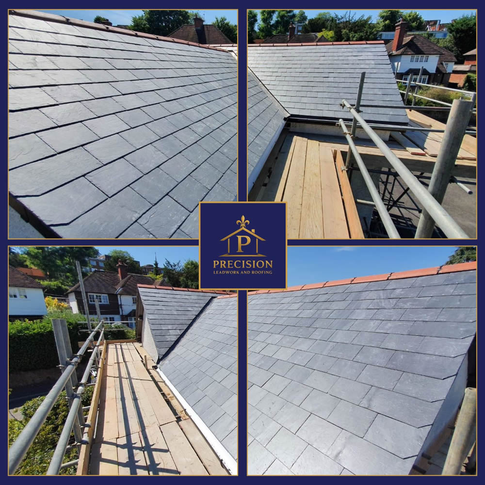 Natural slate roofing installation with scaffolding, showcasing durable and aesthetically pleasing slate tiles on a pitched roof, highlighting expertise in heritage properties by Precision Leadwork & Roofing Ltd.