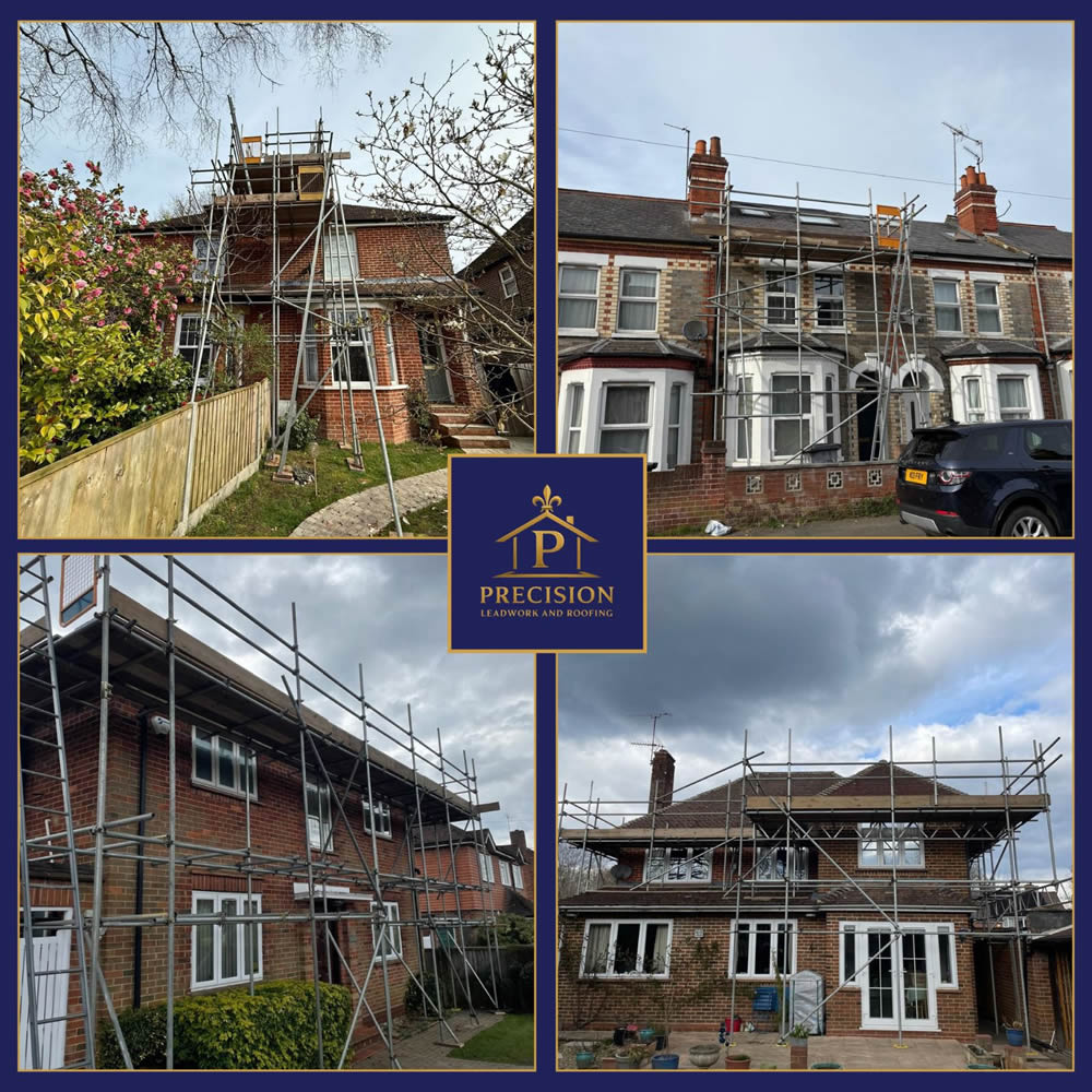Scaffolding structures around various residential buildings, showcasing professional erection for roofing and restoration projects by Precision Leadwork & Roofing Ltd.