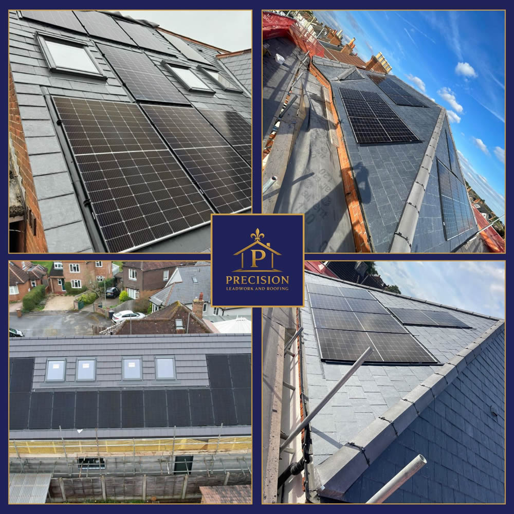 Integrated solar panel systems installed on a slate roof, showcasing a blend of modern renewable energy solutions with traditional architecture, featuring multiple panels and roof windows, emphasizing Precision Leadwork & Roofing Ltd.'s expertise in heritage-sensitive installations.