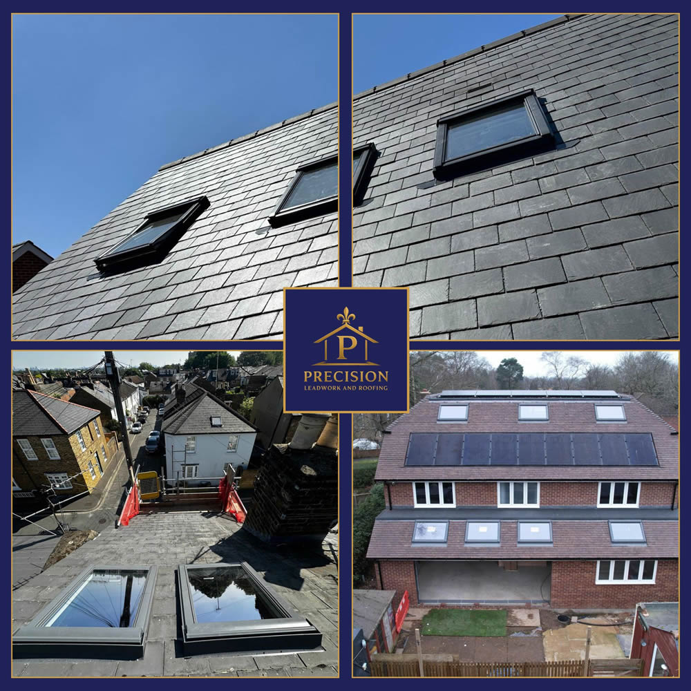 Velux roof windows installed on slate roofing, showcasing natural light integration and energy efficiency, with Precision Leadwork & Roofing branding visible.