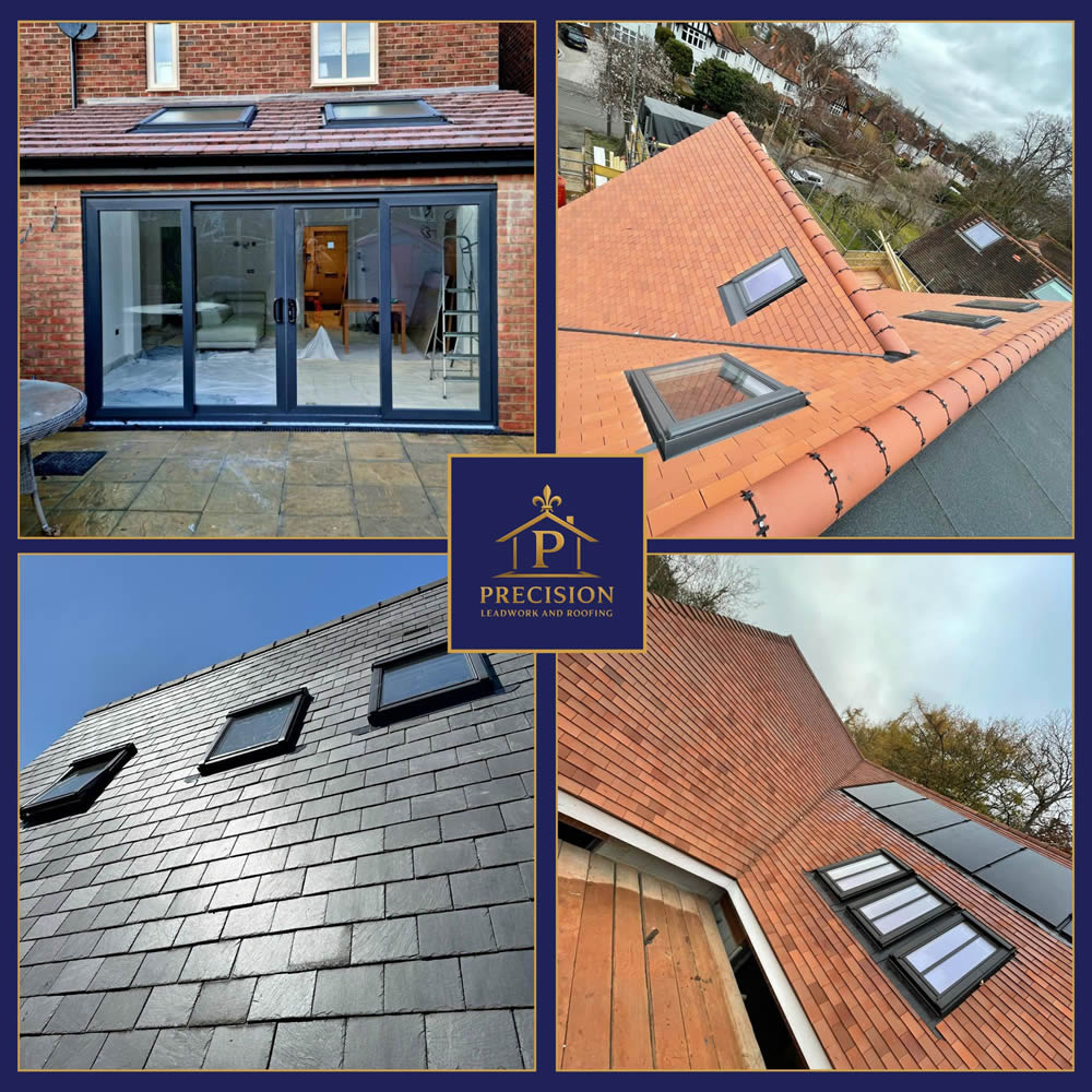 Velux windows installed on modern and heritage-style roofs, showcasing various roofing materials including slate and tiles, emphasizing energy efficiency and aesthetic integration by Precision Leadwork & Roofing Ltd.