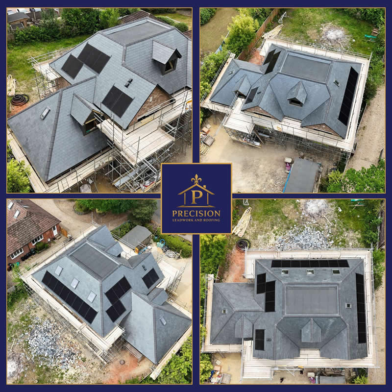 Aerial view of a modern residential roofing project by Precision Leadwork & Roofing Ltd, featuring slate roofing, scaffolding, and surrounding greenery, emphasizing quality craftsmanship and attention to detail.