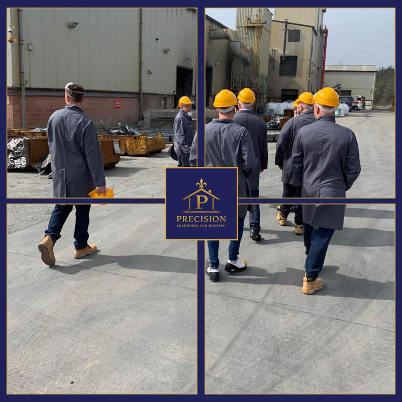 Workers in safety gear walking towards a roofing facility, showcasing teamwork and professionalism in the leadwork and roofing industry, with the Precision Leadwork and Roofing logo prominently displayed.