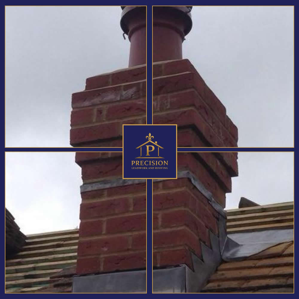 Chimney stack featuring distinctive brickwork, decorative corbelling, and terracotta pot, with lead flashing and roofing materials, highlighting heritage restoration services by Precision Leadwork & Roofing Ltd.