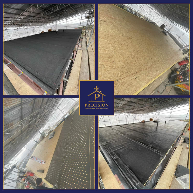 Flat roofing installation showcasing single-ply membrane system, featuring black waterproof layers, wooden decking, and scaffolding setup, emphasizing quality craftsmanship by Precision Leadwork & Roofing Ltd.