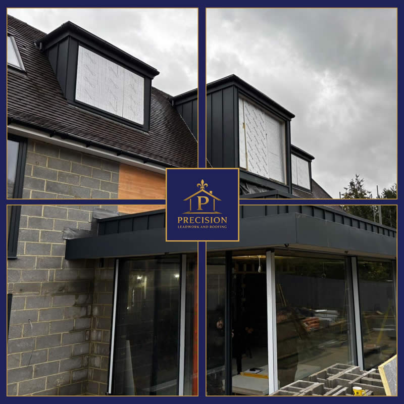 Contemporary residential building featuring bespoke zinc roofing and architectural metal cladding, showcasing clean lines and modern design elements, with a focus on durability and minimal maintenance.