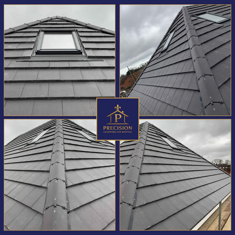 Large concrete tile roofing installation showcasing multiple angles, featuring a modern design, integrated skylight, and precise detailing, emphasizing quality workmanship by Precision Leadwork & Roofing Ltd.