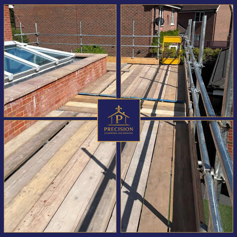 Scaffolding platform with wooden boards and edge protection, featuring Precision Leadwork & Roofing branding, designed for safe access during roofing projects.