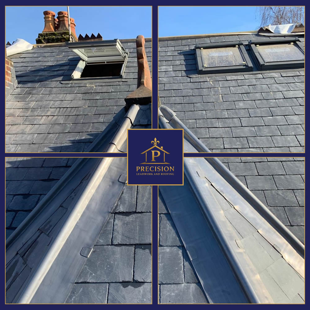 Natural slate roofing installation featuring chimneys and skylights, showcasing quality craftsmanship and attention to detail by Precision Leadwork & Roofing Ltd.