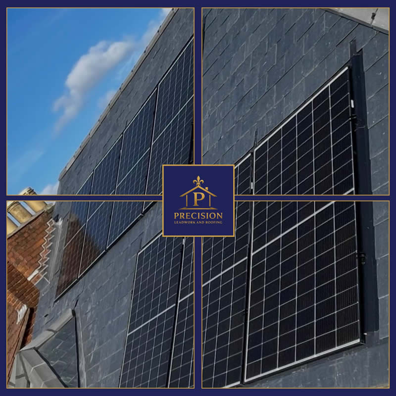 Integrated solar panels installed on a slate roof, featuring a sleek design that complements the building's architecture, showcasing Precision Leadwork & Roofing branding.
