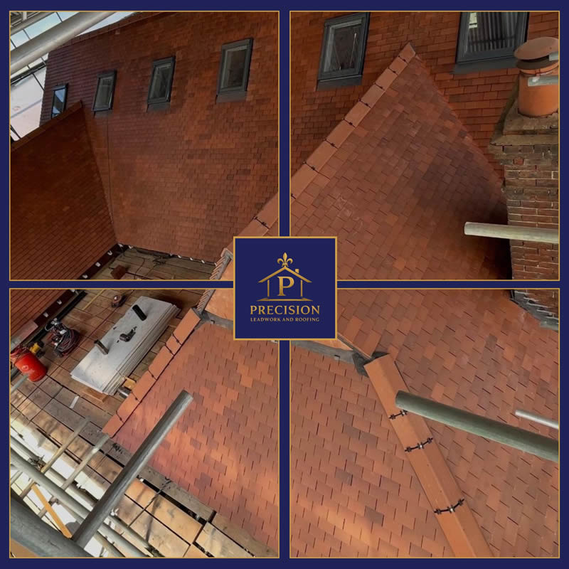 Roofing installation featuring new Velux windows and terracotta tiles, showcasing precise craftsmanship by Precision Leadwork & Roofing Ltd.