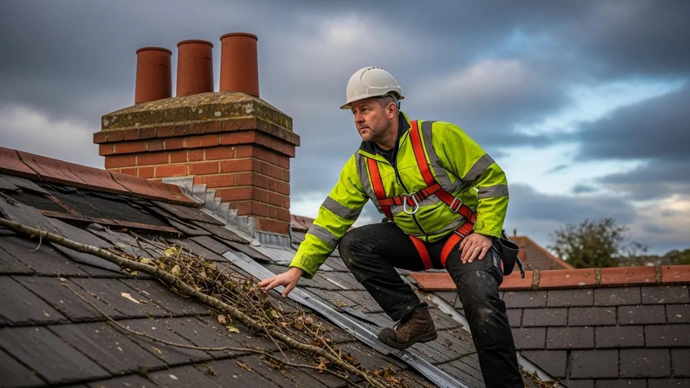 Emergency roofer inspecting storm damage on a residential roof in the UK
