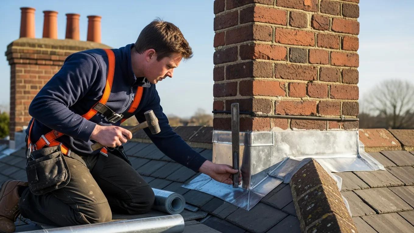 Professional inspecting leadwork roofing for maintenance